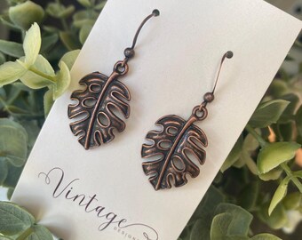 Bohemian Leaf Copper Dangle Earrings - Handmade Ethnic Jewelry - Copper Southwestern Earrings