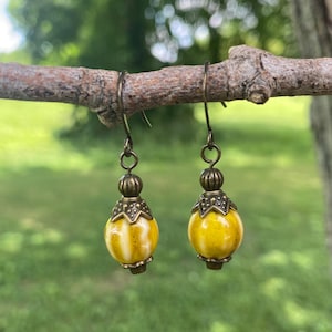 Rustic Mustard Yellow Ceramic Earrings,Round Bead Earrings, Dangle Earrings, Glazed Bead, Earrings for Her, Rustic Ceramic Jewelry