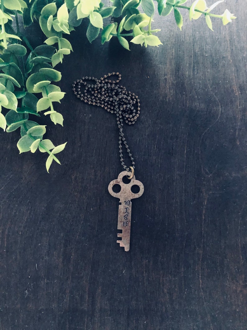 Hand Stamped Vintage Key Repurposed Jewelry Gift Wish Key Necklace