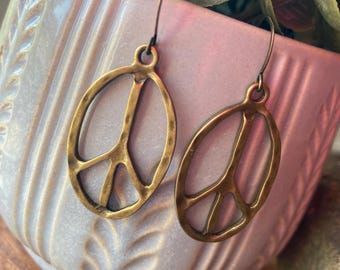 Big Peace Sign Earrings - Bronze Peace Sign Earrings - Large Peace Sign Earrings - Peace Sign Jewelry - Peace Sign Dangle Earrings