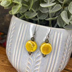 Rustic Mustard Yellow Ceramic Earrings,Round Bead Earrings, Dangle Earrings, Glazed Bead, Earrings for Her, Rustic Ceramic Jewelry