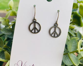 Little Peace Sign Earrings - Bronze Peace Sign Earrings - Peace Sign Earrings - Peace Sign Jewelry - Peace Sign Dangle Earrings