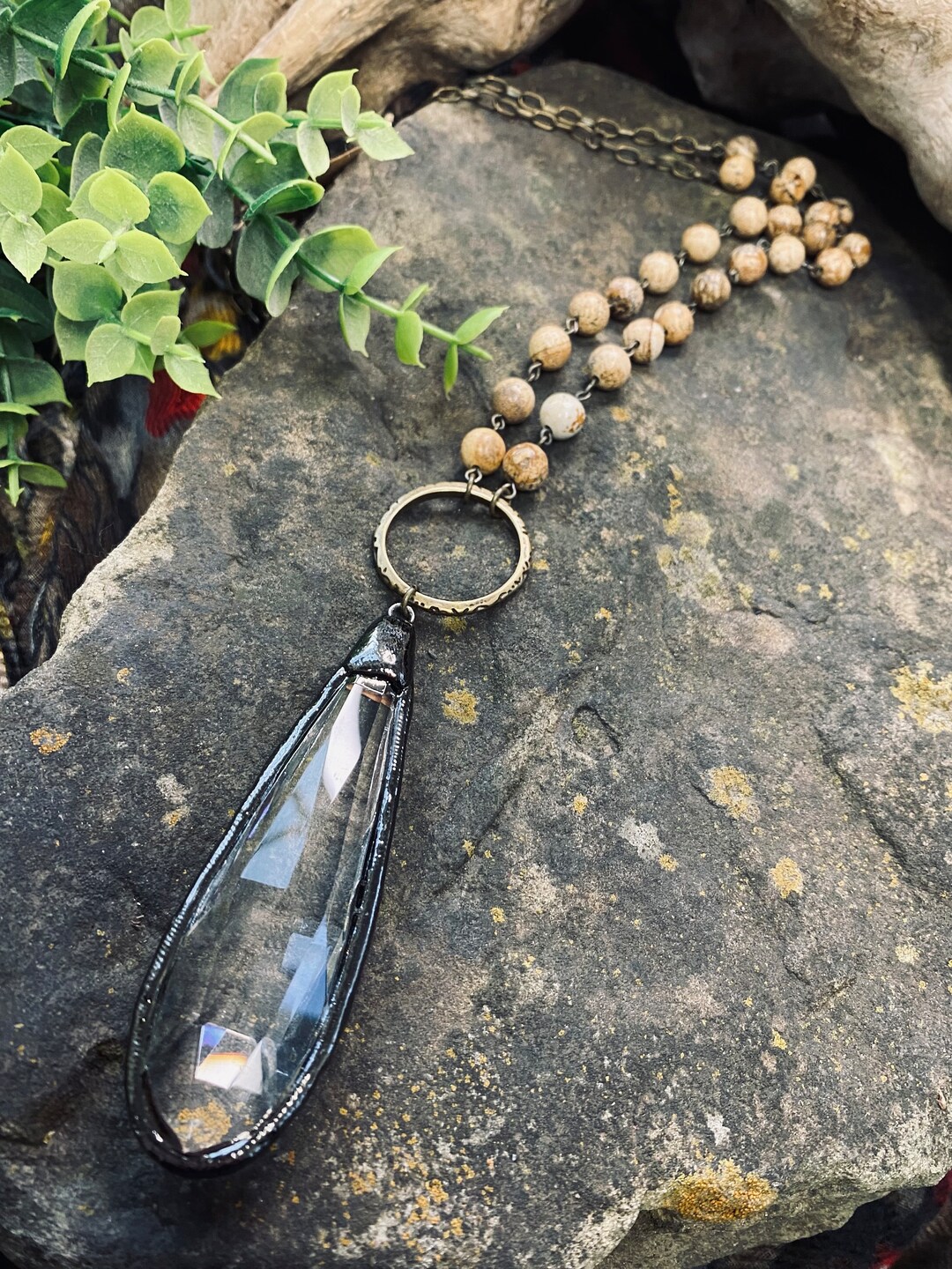 Chandelier Crystal Necklace LONG Beaded Bronze Chain Necklace, Pendant