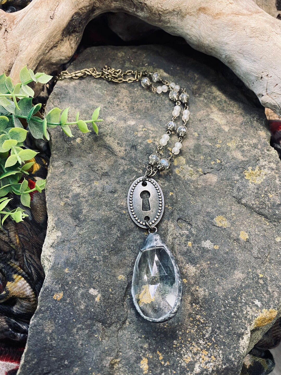 Chandelier Crystal Necklace LONG Beaded Bronze Chain Necklace, Pendant