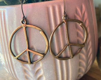 Big Peace Sign Earrings - Bronze Peace Sign Earrings - Large Peace Sign Earrings - Peace Sign Jewelry - Peace Sign Dangle Earrings