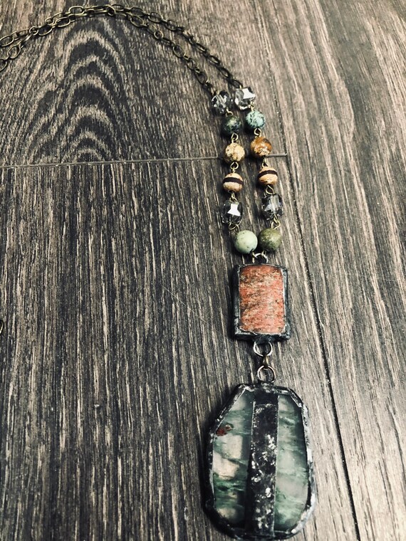 OOAK jewelry Stained Glass jewelry Long rosary chain Romantic necklace Vintage jewelry Soldered crystal prism pendant