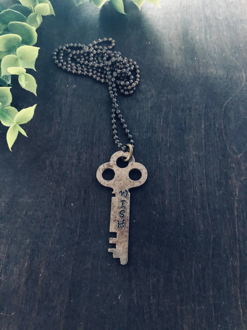 Hand Stamped Vintage Key Repurposed Jewelry Gift Wish Key Necklace
