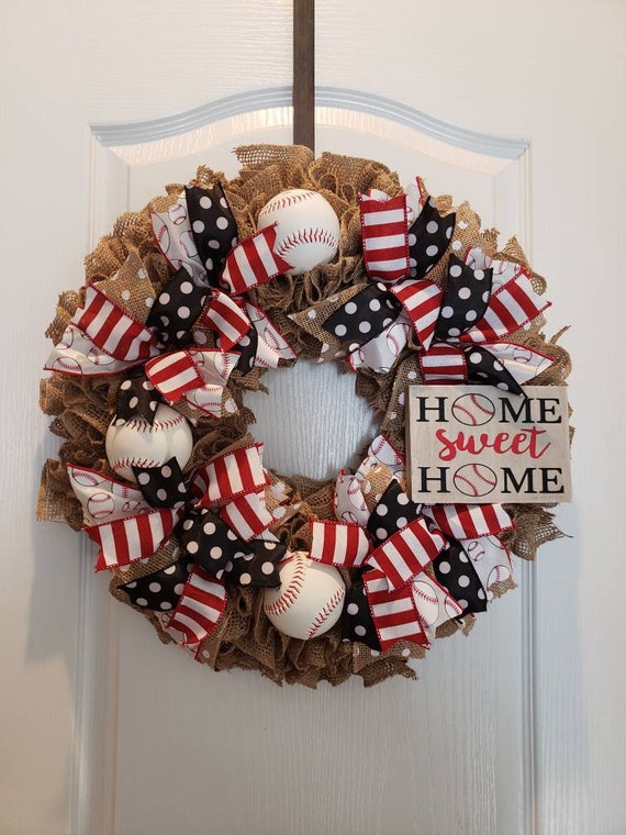 Baseball Wreath Burlap Baseball Wreath Front Door Hanger Front Etsy