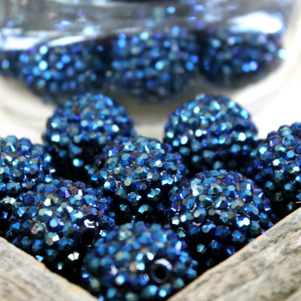 Navy Blue 20mm Sparkly Rhinestone Beads- Set of 2 or 10 Wholesale Resin Pave Bubblegum Gumball Necklace Beads, Chunky Necklace Supply