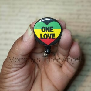 One Love Statement Retractable Badge Reel/Red Yellow and Green Afrocentric Name Badge Holder MADE TO ORDER