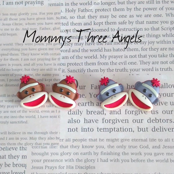 Sock Monkey Button Earrings/Studs (Gray or Brown) READY TO SHIP