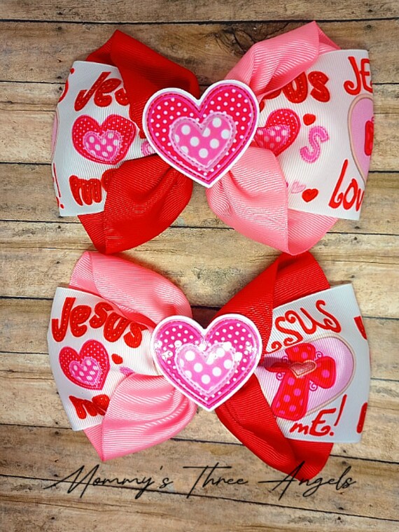 Jesus Loves Me Valentine Hair Bow/ Pink and Red Hair Clip  display picture 2