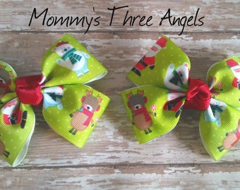 Christmas Themed Print Clippies/Christmas Pigtail Clips/Christmas Animal Print Hair Bows (Set of 2) MADE TO ORDER