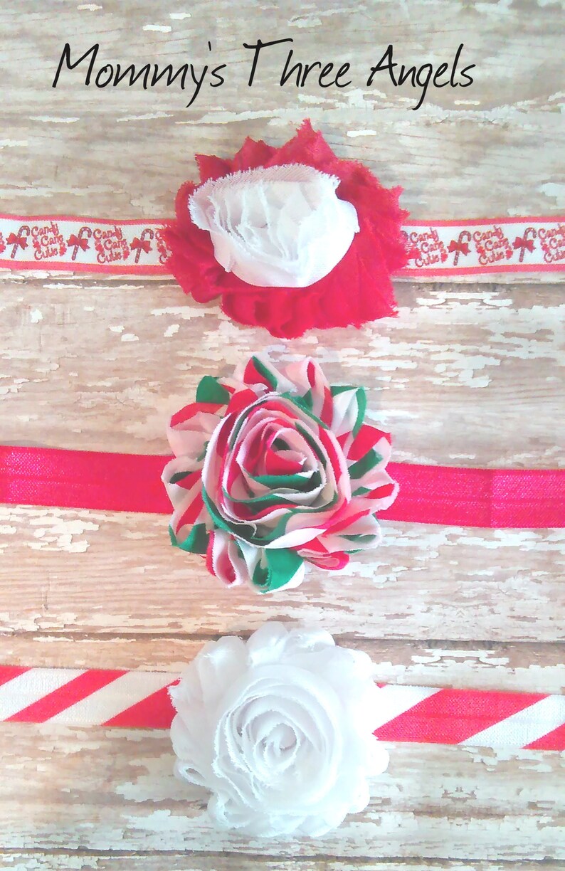 Christmas Themed Shabby Flower Elastic Headbands/Red & White Shabby Flowers Gift Set of 3/Limited Edition MADE TO ORDER image 1