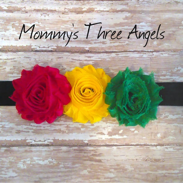 Rasta Colors Shabby Flower Headband/Red Yellow and Green Shabby Elastic Headband MADE TO ORDER