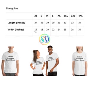 K&ouml;nnte beinhalten: Gr&ouml;&szlig;entabelle f&uuml;r ein Unisex-T-Shirt mit kurzen &Auml;rmeln und Rundhalsausschnitt. Die Tabelle zeigt die L&auml;nge und Breite in Zoll f&uuml;r die Gr&ouml;&szlig;en XS bis 4XL.