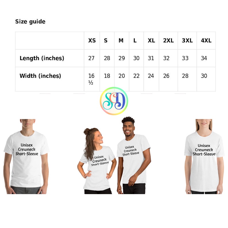 K&ouml;nnte beinhalten: Gr&ouml;&szlig;entabelle f&uuml;r ein Unisex-T-Shirt mit kurzen &Auml;rmeln und Rundhalsausschnitt. Die Tabelle zeigt die L&auml;nge und Breite in Zoll f&uuml;r die Gr&ouml;&szlig;en XS bis 4XL.