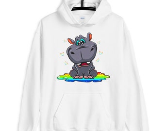Cute Hippo Sitting In A Rainbow Puddle Unisex Hoodie