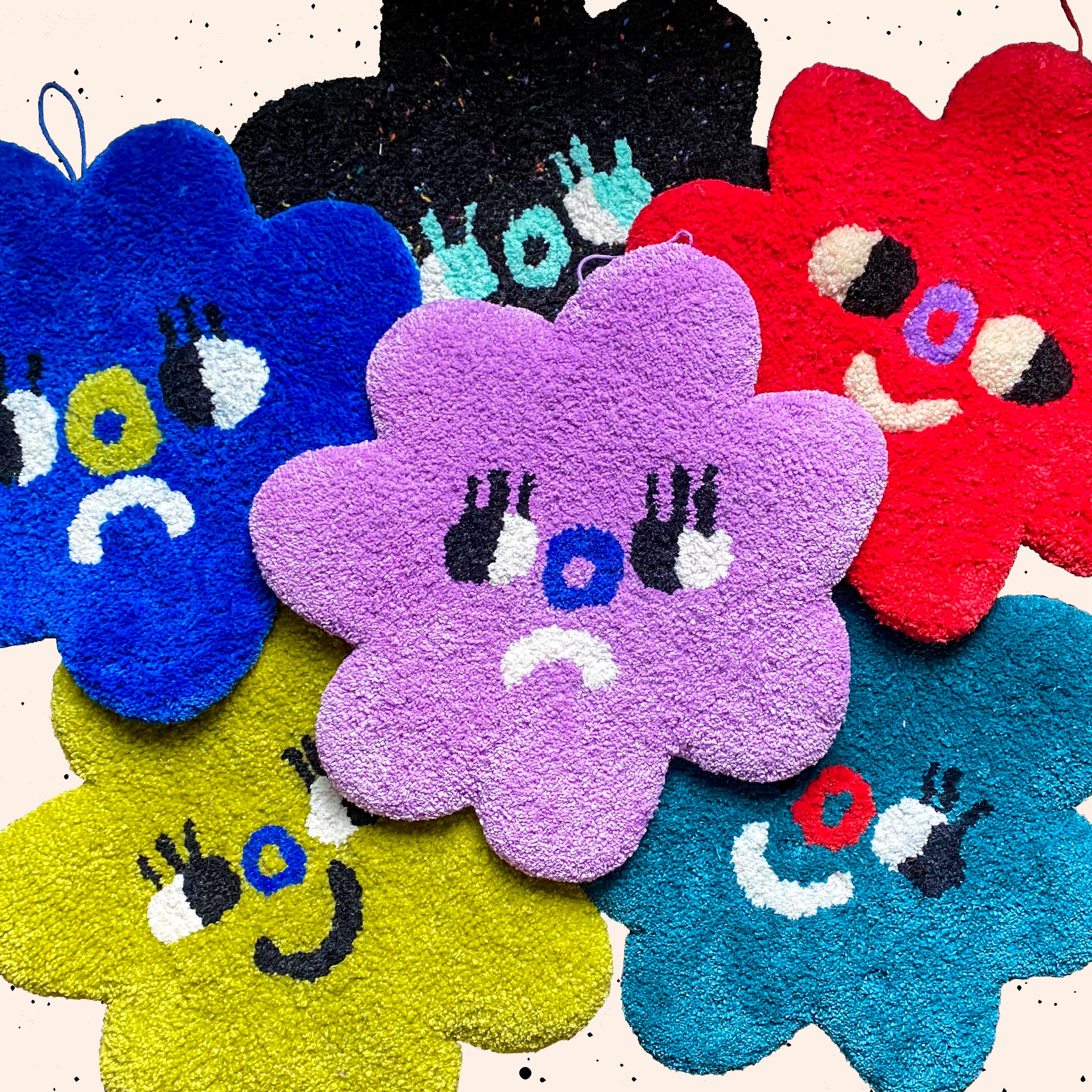 Flower Friend Rug Smiley Face Red Flower Handmade Tufted Etsy