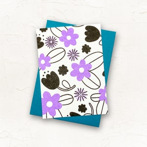 Daisy Field Mini Risograph Card - Single or Set of 6 - Riso Print Flower Pattern Enclosure Card - Illustrated Handmade Floral Card