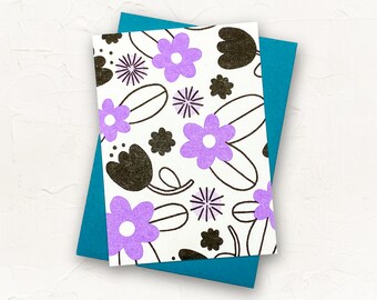 Daisy Field Mini Card - Biglietti Risograph piatti vuoti stampati - Biglietto con motivo floreale Riso - Busta regalo floreale disegnata a mano