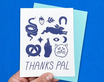 Thanks Pal Card - A2 Letterpress Printed Blank Notecard - Handlettered Thank You Greeting Card - Handdrawn Magical Woodland Stationery