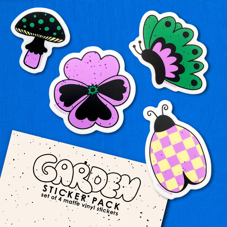 Garden Sticker Pack SET OF 4 Hand Drawn Vinyl Stickers Cute Butterfly Bug Bumper Sticker Mushroom Decals Trendy Cottagecore Labels image 1