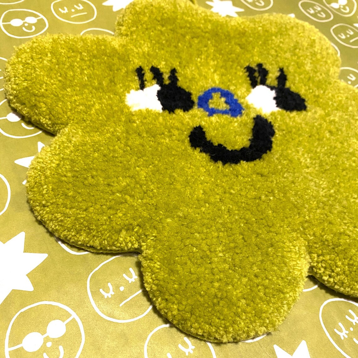 Flower Friend Rug Smiley Face Lime Green Flower Handmade Etsy