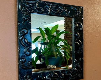 Vintage ceiling tin mirror, Black mirror with Silver highlights, 19"x21"