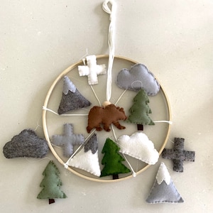 Moving mountains mobile- bear or fox, cloud, cross and mountains perfect for nursery, baby room. Custom colours/changes available.