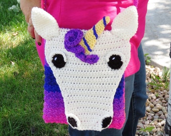 Unicorn purse crochet pattern, crossbody bag, unicorn satchel, crochet unicorn cross-body bag, unicorn face purse, crochet unicorn pattern