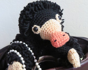 Niffler crochet pattern, updated, amigurumi, fantastic, stuffed animal pattern, loop stitch, safety eyes, yarn, inspired by Fantastic Beasts
