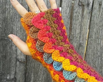 Dragon Scale Stripe Mitts CROCHET PATTERN -- fingerless gloves -- crocodile stitch -- wristers -- texting gloves