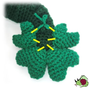 K&ouml;nnte beinhalten: Nahaufnahme eines gr&uuml;nen, geh&auml;kelten Kleeblatts. Das Kleeblatt hat vier Bl&auml;tter und ist aus einem strukturierten Garn gefertigt. Die Bl&auml;tter sind in der Mitte mit einem gr&uuml;nen Garn verbunden. Das Bild ist gut beleuchtet und zeigt die Details der H&auml;kelarbeit.