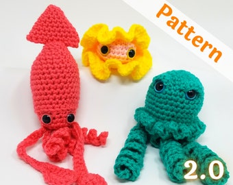 Beginner crochet pattern, three ocean amigurumi, squid, oyster, jellyfish, printable PDF