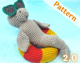 Manatee in Pool Floaty amigurumi crochet pattern, printable .pdf