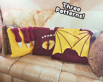 Drachen Kissen Muster Set - 3 Häkelanleitungen - PDF - für Fortgeschrittene