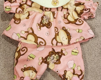 New 14" Handmade Girl Girls Girl's Cabbage Patch CPK Doll Clothes Outfit Flannel Footed Pajamas Set PJs PJ's Monkeys and Cupcakes