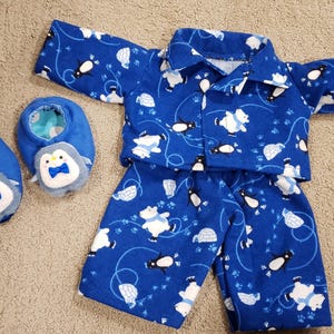 New 16" Handmade Boy Boys Boy's Cabbage Patch CPK Doll Clothes Outfit Flannel Pajamas Set PJ's and Slippers Winter Penguins and Polar Bears