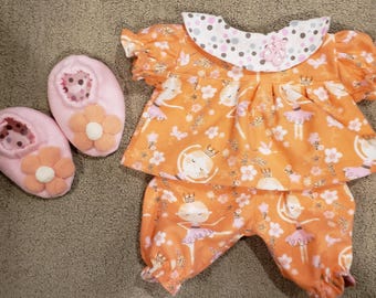 New Handmade 16" CPK Cabbage Patch Girl Girl's Girls Doll Clothes Outfit Pajamas PJ'S and Slippers Ballerinas and Flowers