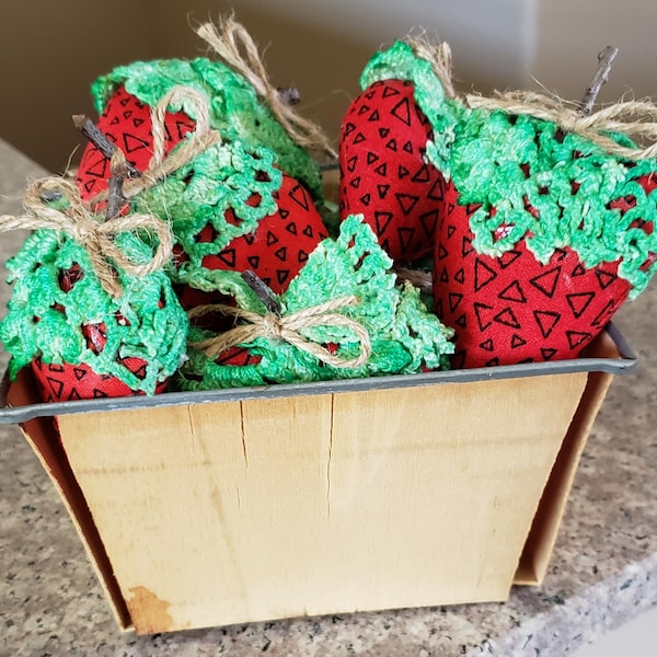 Handmade Fabric Primitive Strawberry Bowl Fillers Strawberries Ornies, Tucks, Farmhouse Decorations Decor Tiered Tray Tier Set 12 with Box