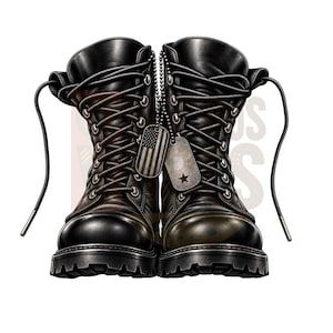 May include: A pair of black leather combat boots with thick laces and silver eyelets. Two metal dog tags hang from the laces, one featuring an American flag design and the other a single star. The boots have a rugged treaded sole and a high-top design.