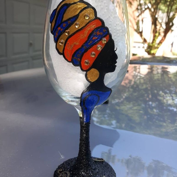 Goddess Wine Glasses, African Wine Glass, Afrocentric Glass, Painted Wine Glass, Afro Painted Glass, Afro Painted Wine Glass, African Glass