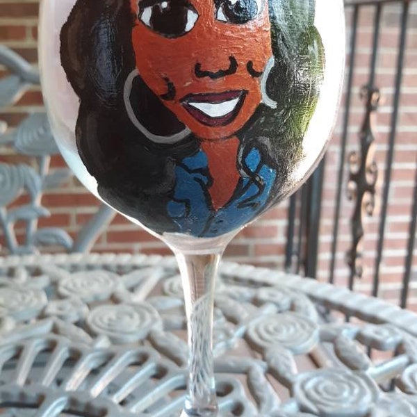 Handpainted Wine Glass, painted wine glass, wine glass with afro lady, afro lady wine glass, wine glass with art, afrocentric wine glass