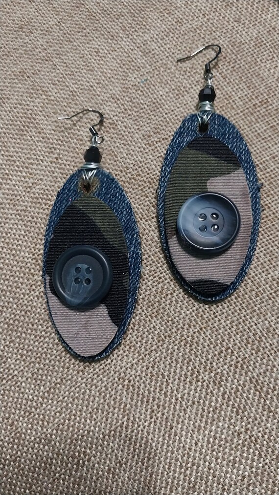 Jean Button Earrings, Button Earrings, Camo Earrings, Afrocentric