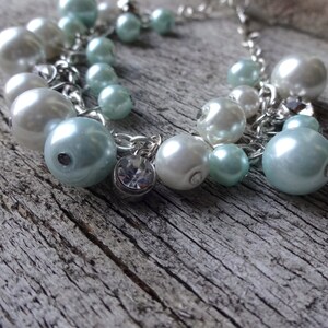 Dangling Pearl and Rhinestone Silver Chain Bracelet bead charms, diamonds, sea foam green pearls, white pearls, rhinestones, classy, bride 画像 2