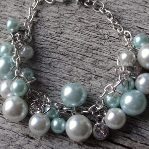 Dangling Pearl and Rhinestone Silver Chain Bracelet bead charms, diamonds, sea foam green pearls, white pearls, rhinestones, classy, bride 画像 1