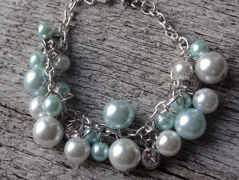 Dangling Pearl and Rhinestone Silver Chain Bracelet bead charms, diamonds, sea foam green pearls, white pearls, rhinestones, classy, bride 画像 1