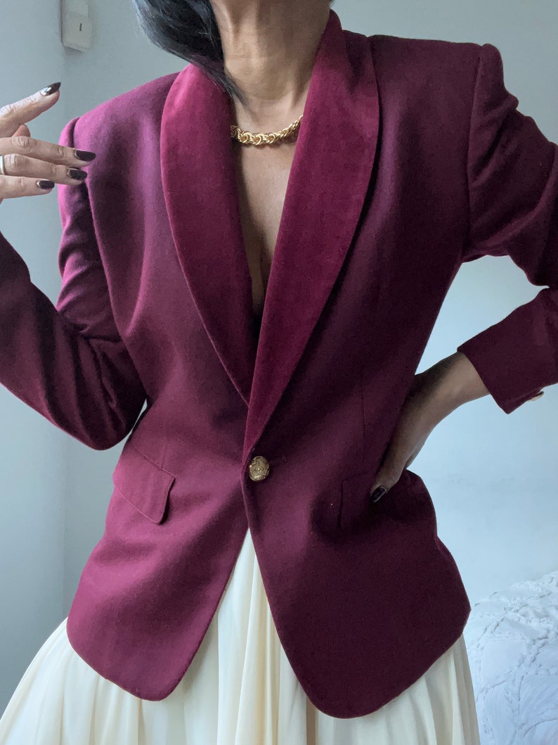 vintage wool burgundy velvet trim blazer image 7
