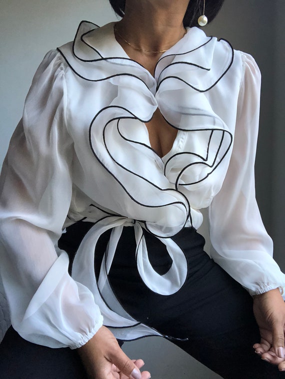 vintage organza evening puff sleeve wrap blouse